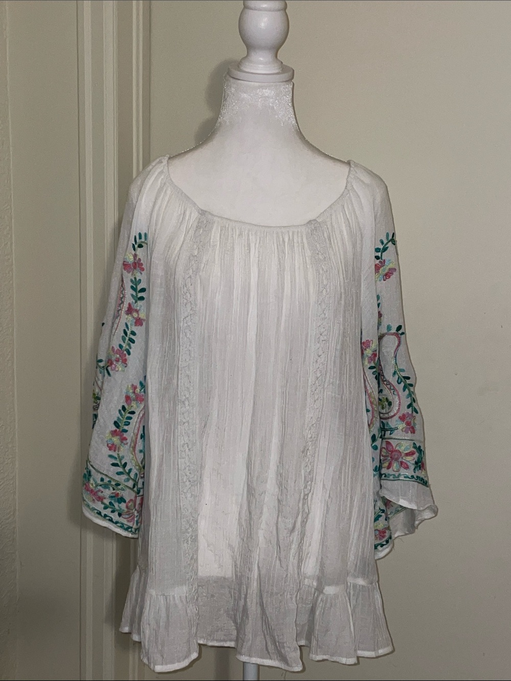 Boho Embroidered White Peasant Blouse - Women's Top, beach coverup